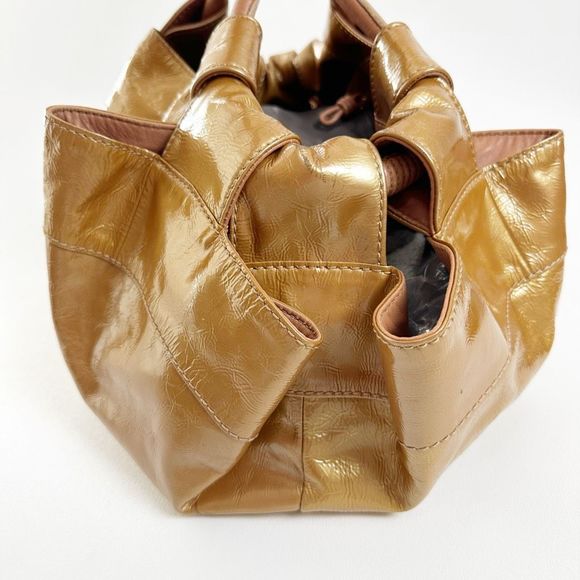 LOEWE Aire Bronze Gold Metallic Patent Leather Bag Medium Top Handle Crinkled - Picture 8 of 15